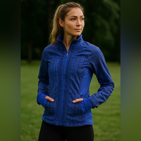 lululemon athletica Jackets & Blazers - Woman’s Lululemon Blue Run Jacket | Ruffle Zip Front | Plaid Paneling | Size 6